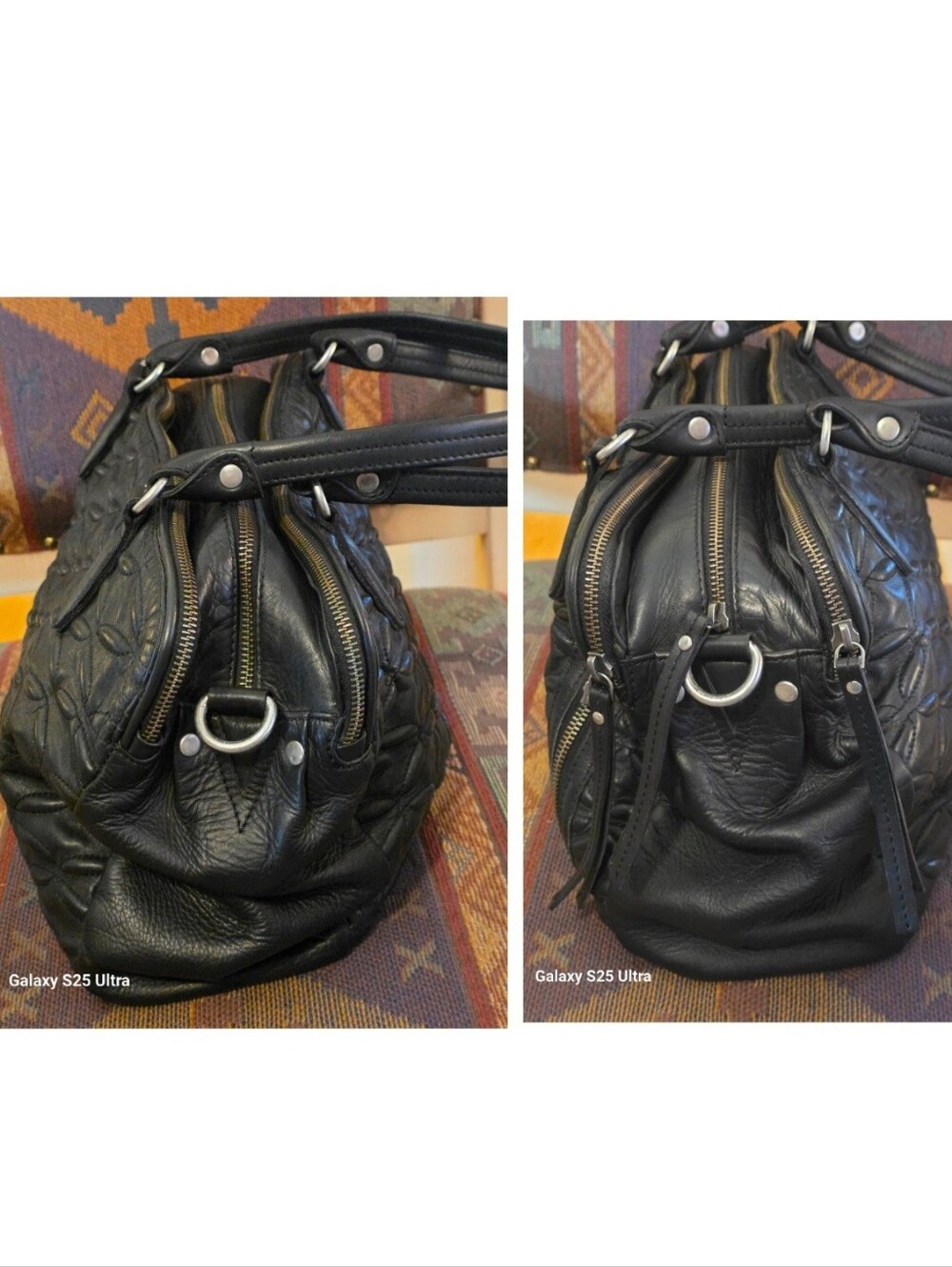BLACK QUILTED Floral Genuine LEATHER Oversized Satchel/Crossbody SLOUCHY EUC - Picture 9 of 17